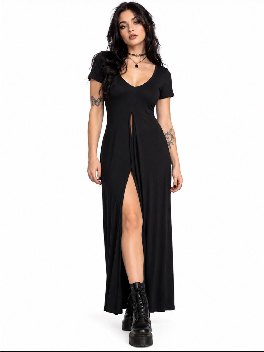Y2K Tripp NYC Maxi Dress Small Black Front Slit Stretch Slinky Goth Grunge Layer